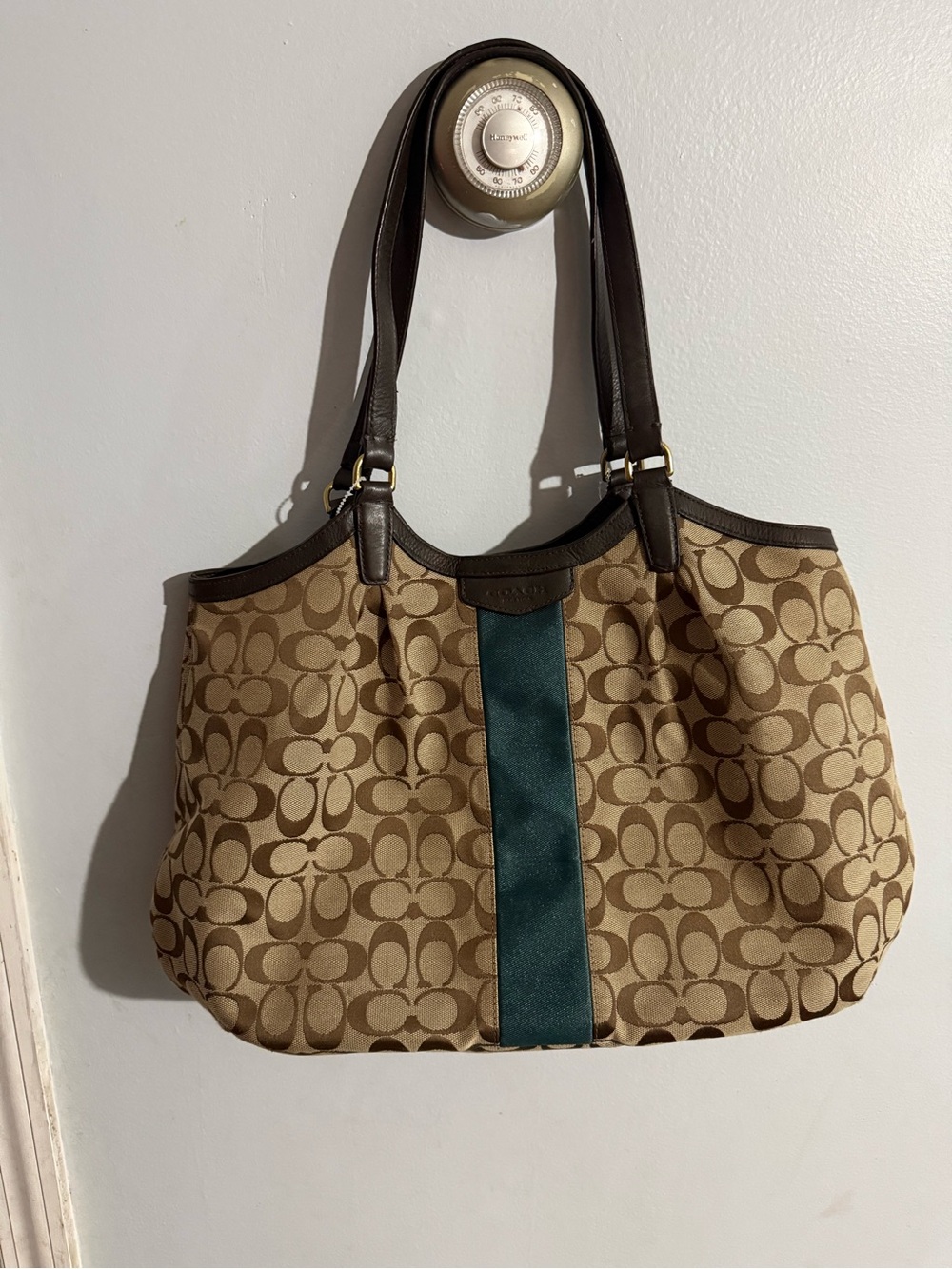Coach Brown Signature Tote with Teal Center Stripe